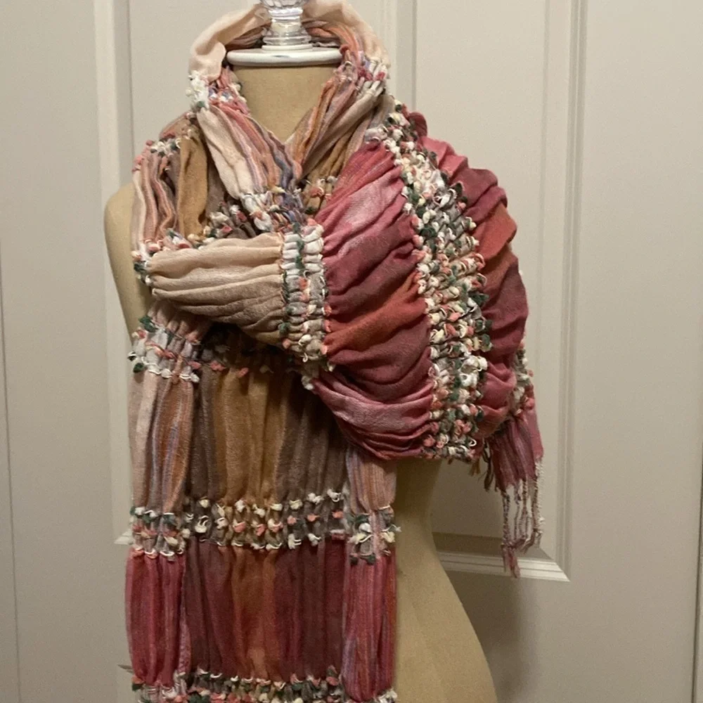 Bohemian Water Color Scarf & Wrap OS Womens puckered gathered fringe Pom poms